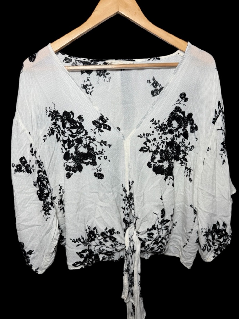 White Floral Tie-Front V-Neck Blouse